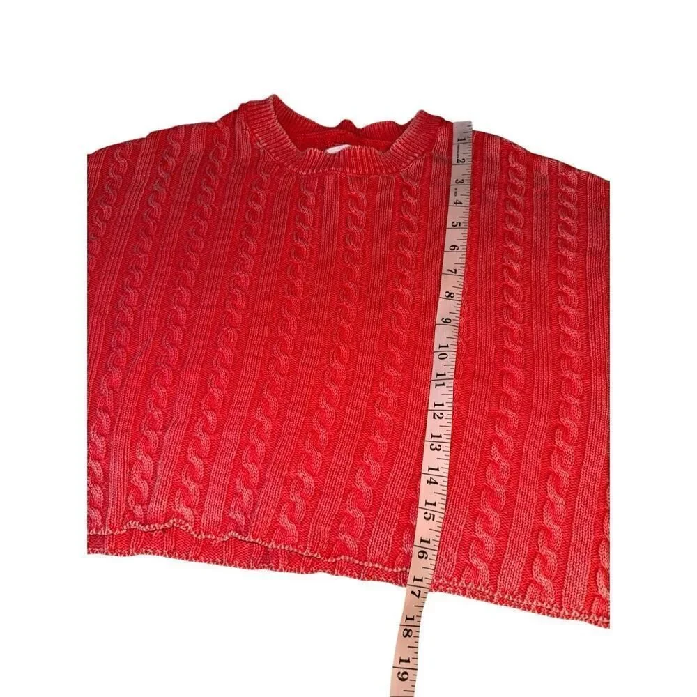 Aerie Cotton Oversized Red Acid Wash Cropped Cable Knit Pullover Sweater